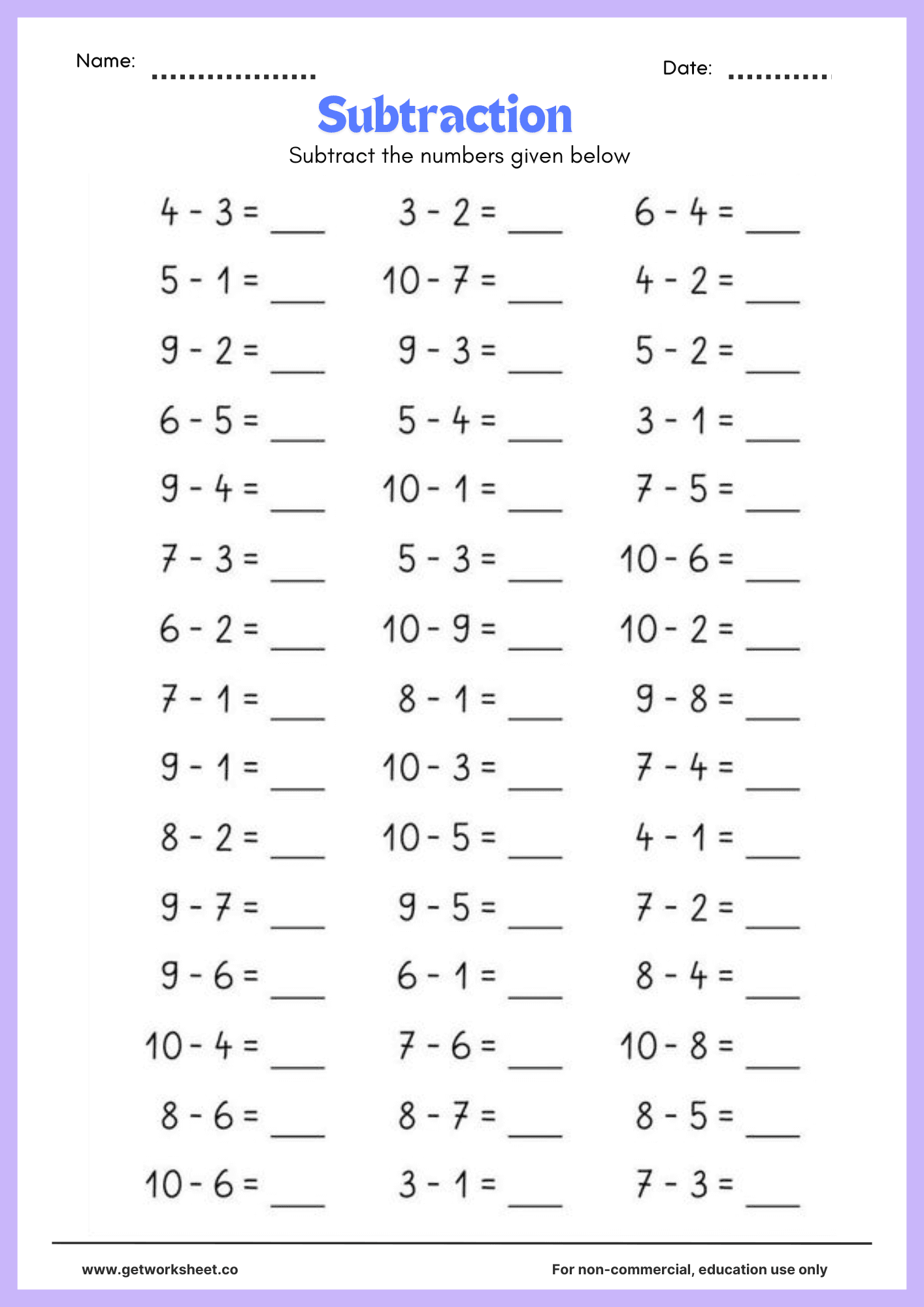 Free subtraction worksheet