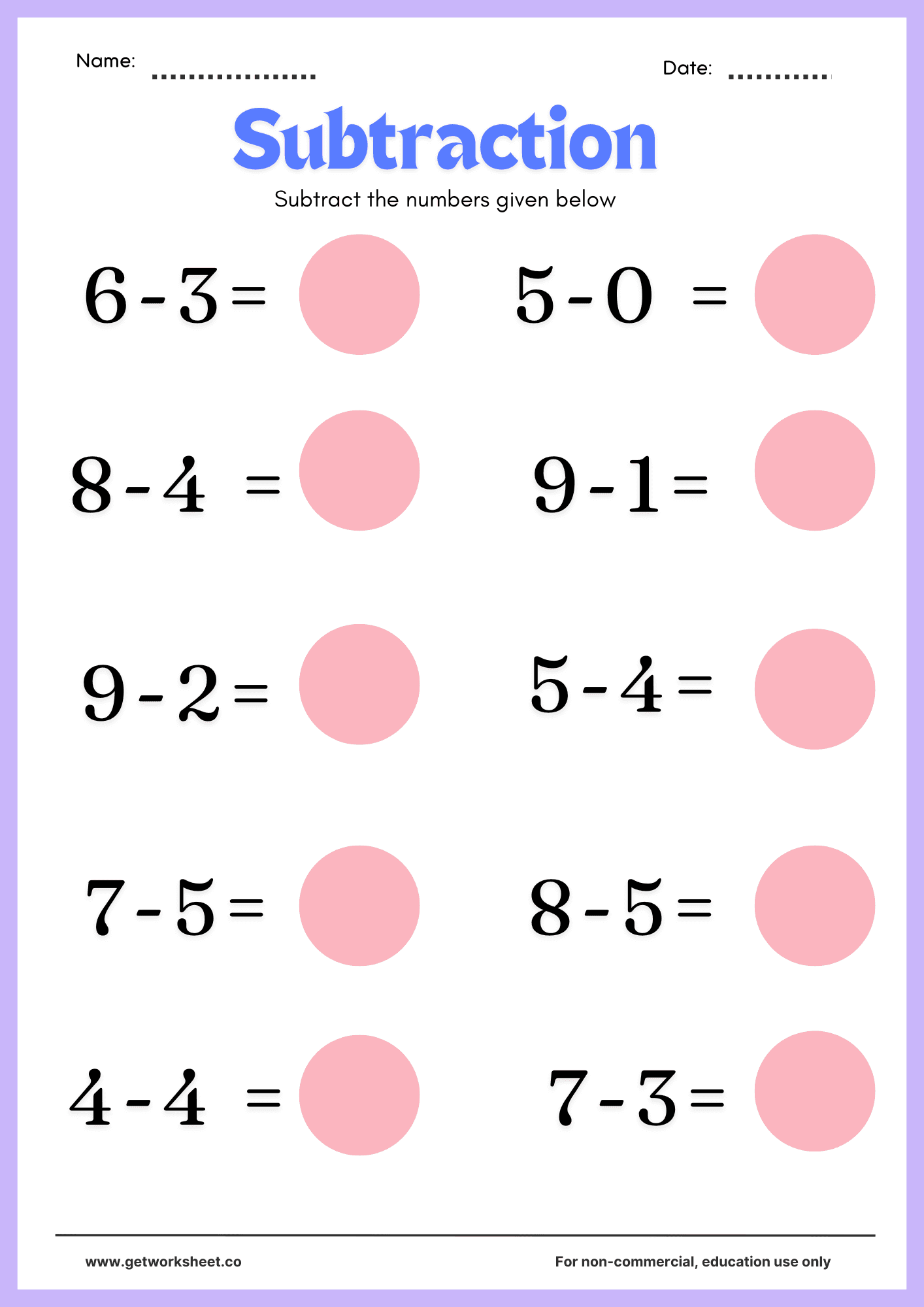 Substraction worksheet 3