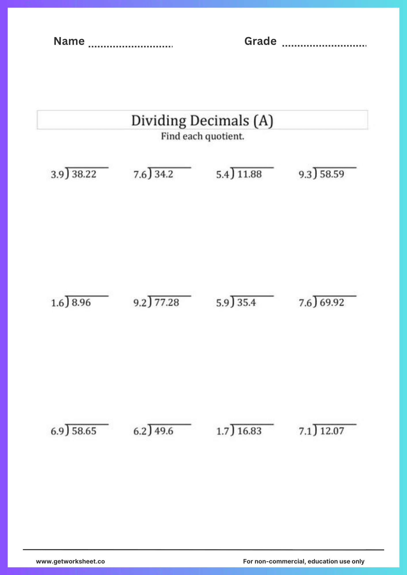 Free decimal division worksheets