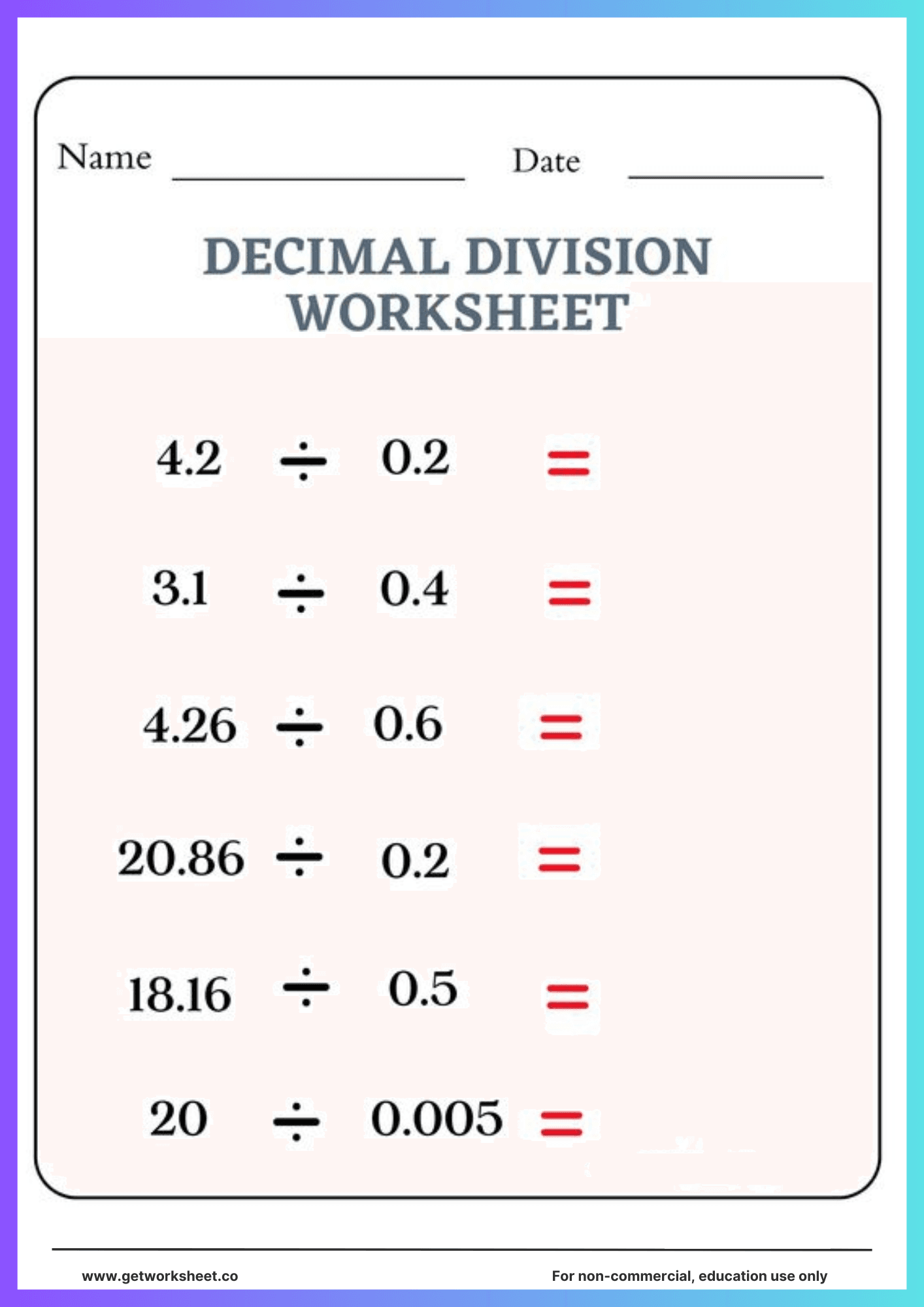 Decimal division worksheet 3