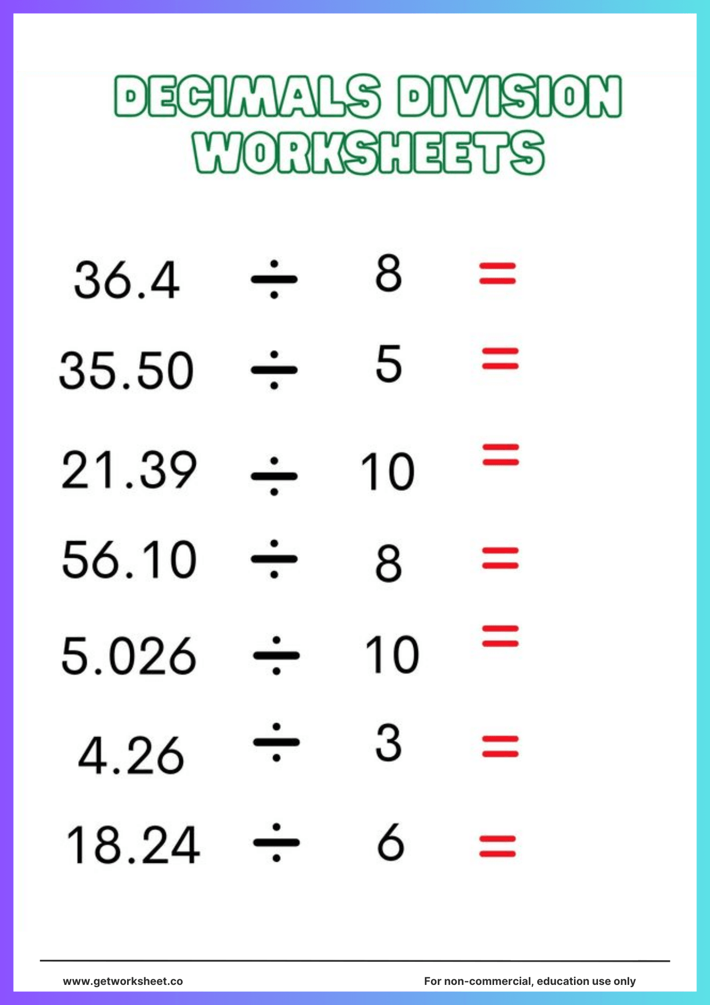Decimal division worksheet 4