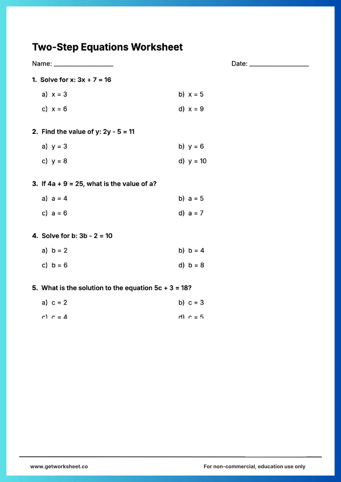 Free two step equations worksheets