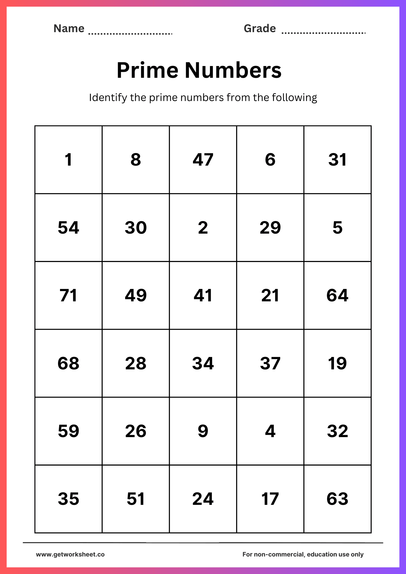 Free prime number worksheets