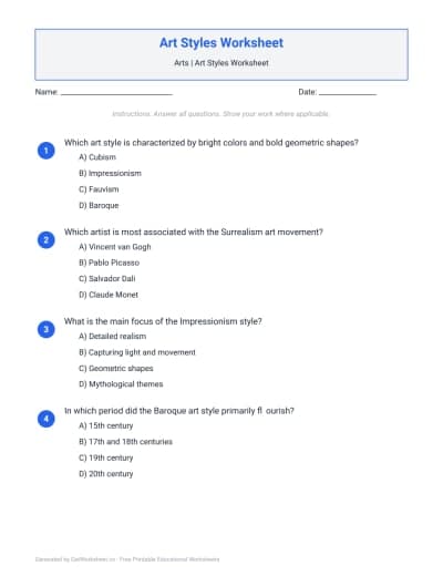 Art Styles Worksheet
