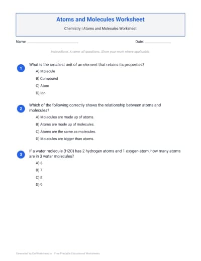 Atoms and Molecules Worksheets