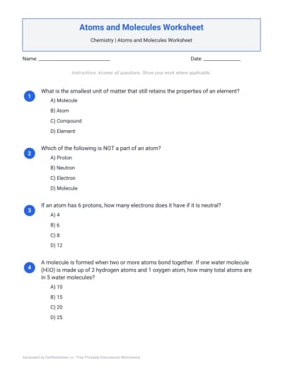 Atoms and Molecules Worksheet