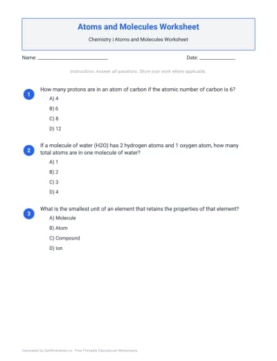 Atoms and Molecules Worksheet