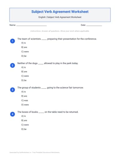 Subject Verb Agreement Worksheets