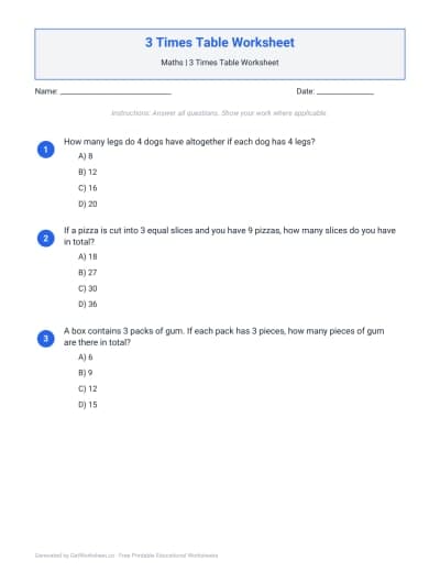 3 Times Table Worksheet