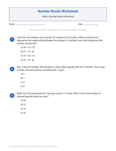 Number Bonds Worksheet
