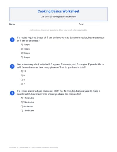 Cooking Basics Worksheets