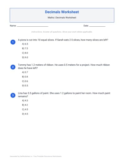 Decimals Worksheet