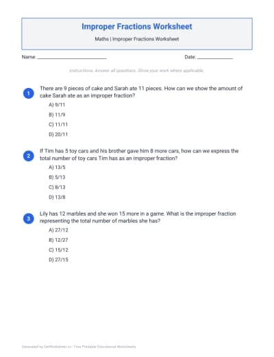 Improper Fractions Worksheets
