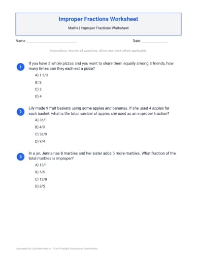 Improper Fractions Worksheet