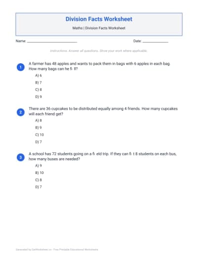 Division Facts Worksheet
