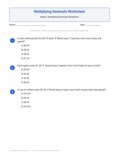Multiplying Decimals Worksheets