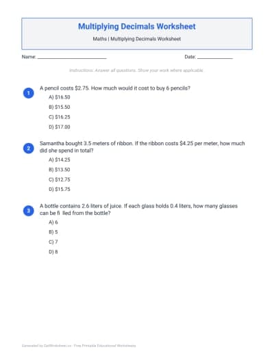Multiplying Decimals Worksheet
