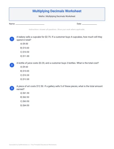 Multiplying Decimals Worksheet