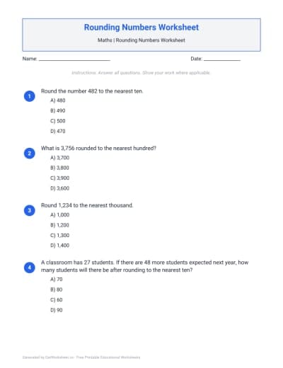 Rounding Numbers Worksheets