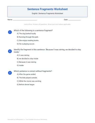 Sentence Fragments Worksheets