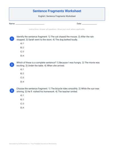 Sentence Fragments Worksheet