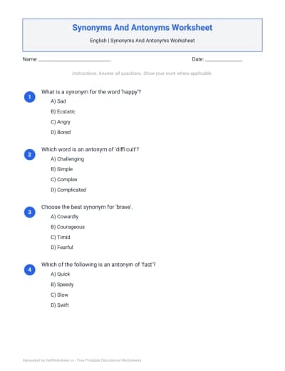 Synonyms And Antonyms Worksheets