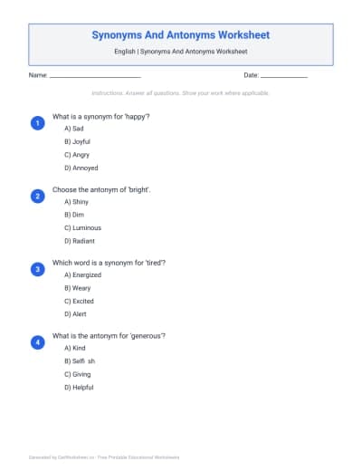 Synonyms And Antonyms Worksheet