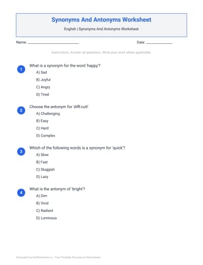 Synonyms And Antonyms Worksheet