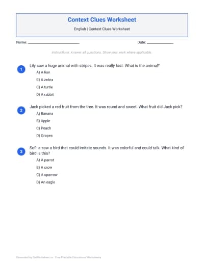 Context Clues Worksheet