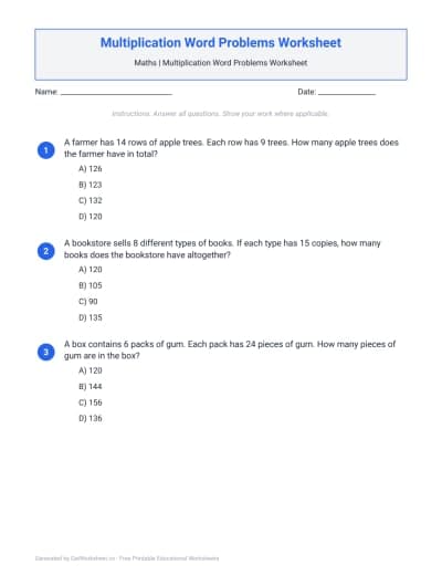 Multiplication Word Problems Worksheets