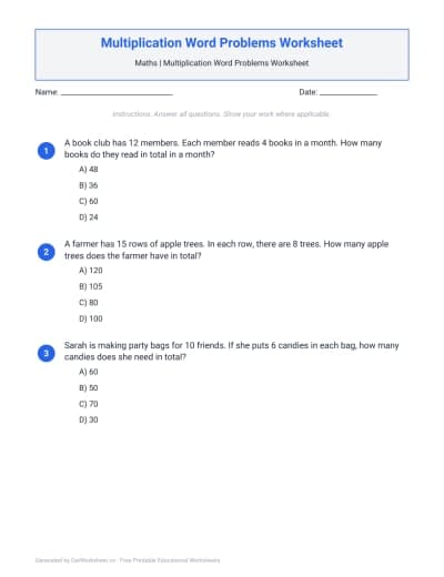 Multiplication Word Problems Worksheet