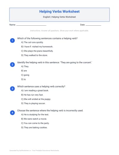 Helping Verbs Worksheet