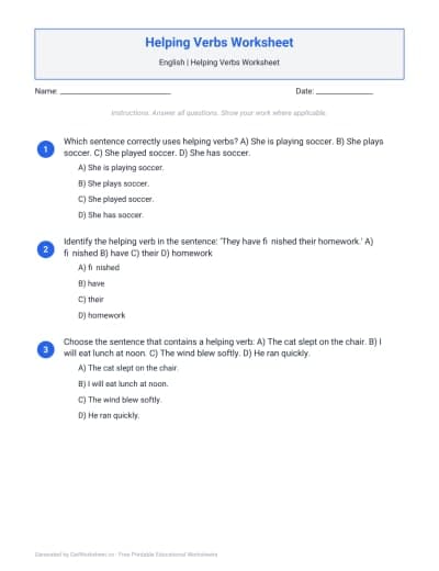 Helping Verbs Worksheet