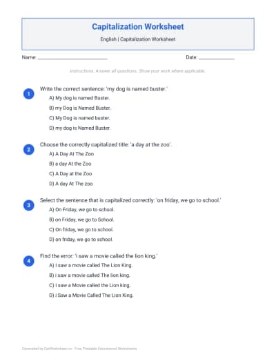 Capitalization Worksheet